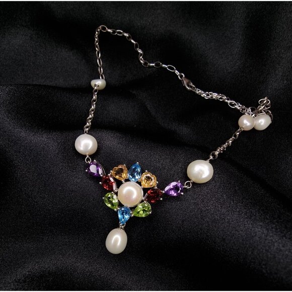 Ross-Simons 925 Sterling Silver Necklace W/ Cultured Pearls & Multicolor Gemston - Picture 3 of 5